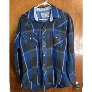 Vintage ATB Authentic Western Pearl Snap Shirt Mens Size 16 34/35 Blue Flannel